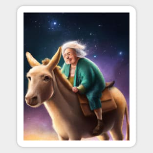 Old Woman Riding a Donkey Art Print Sticker